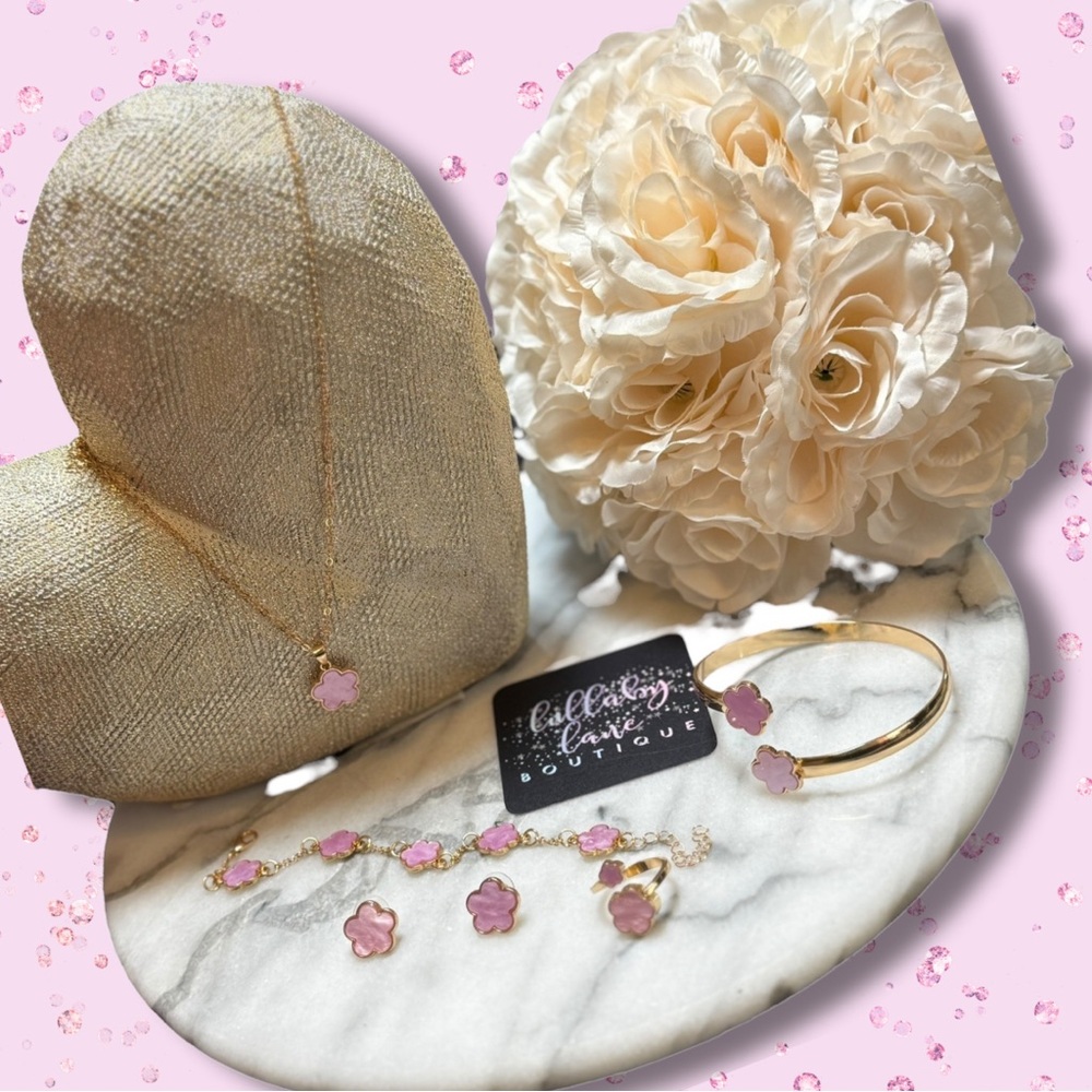 5-Piece Pink and Gold Floral Clover Jewelry Set